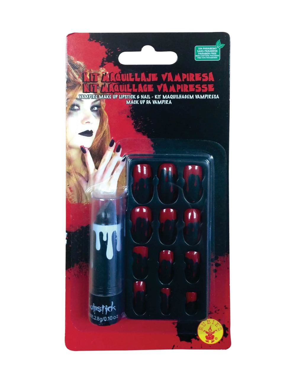 Vista frontal da embalagem do kit de batom vermelho e unhas postiças ensanguentadas para adulto