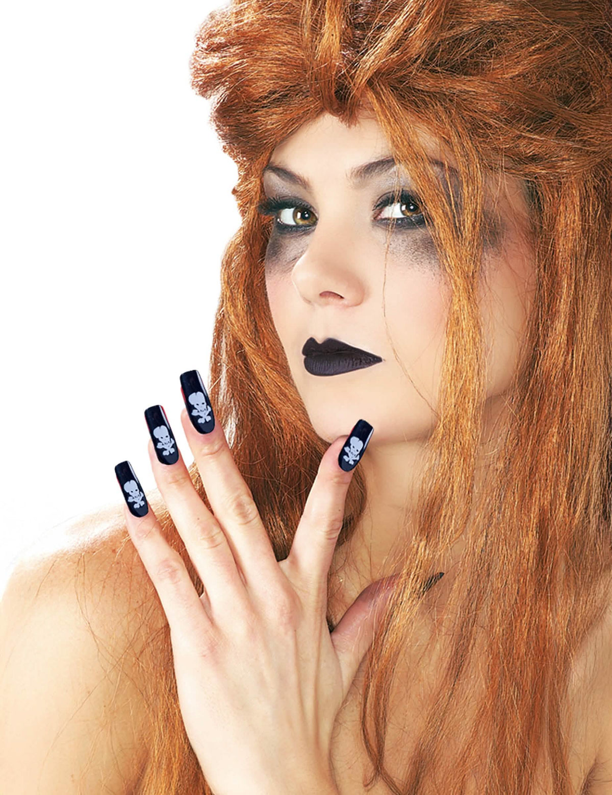 Kit vermelho a lèvre e faux ongles cabeça de morto para adulto black and white