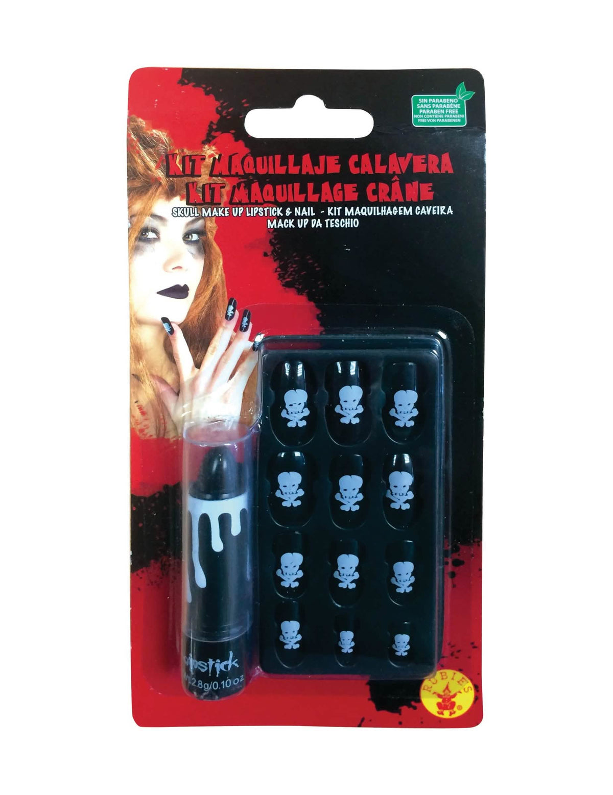 Detalhe da embalagem do kit de batom vermelho e unhas postiças com cabeça de morte