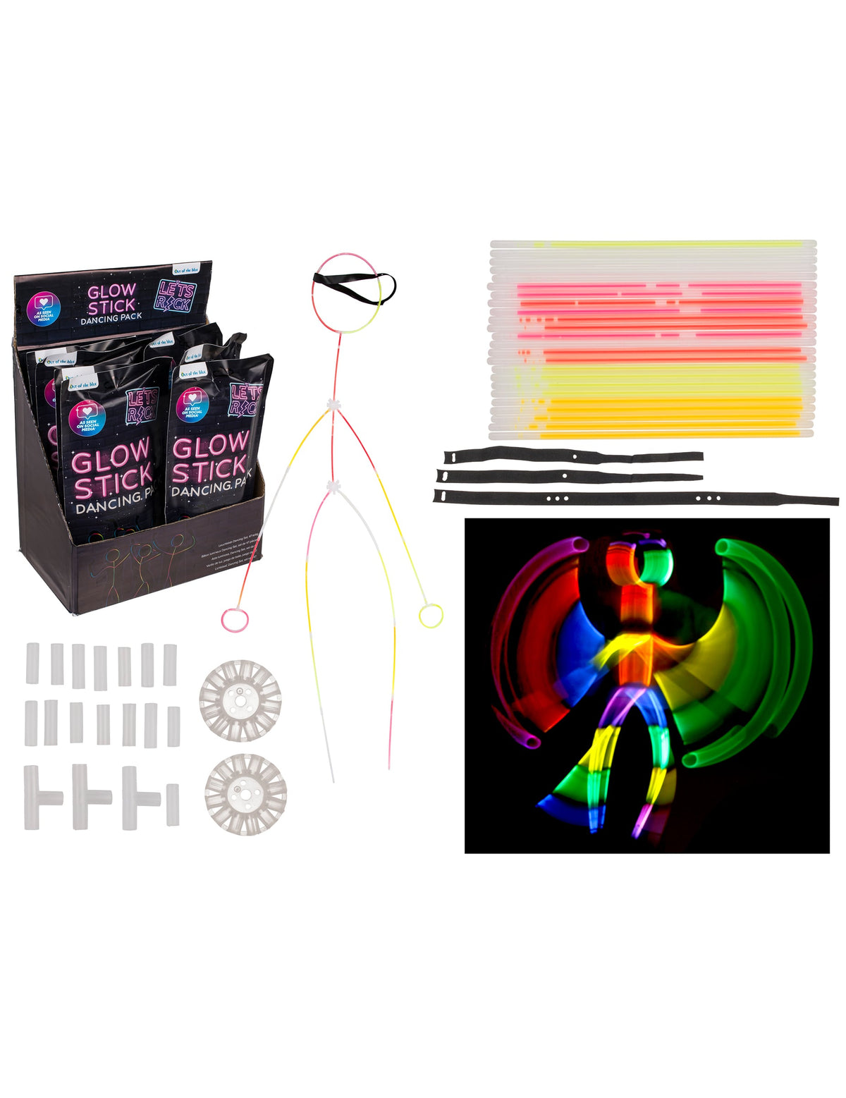 Vue d'ensemble des accessoires du kit silhouette phosphorescente pour adulte