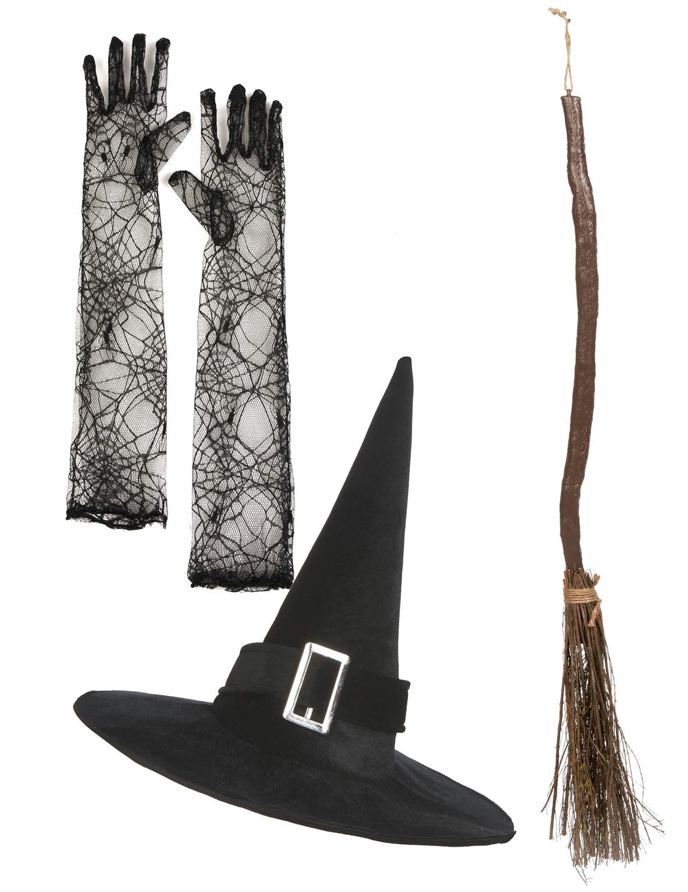 Kit sorcière pour femme noir avec chapeau gants en dentelle et balai