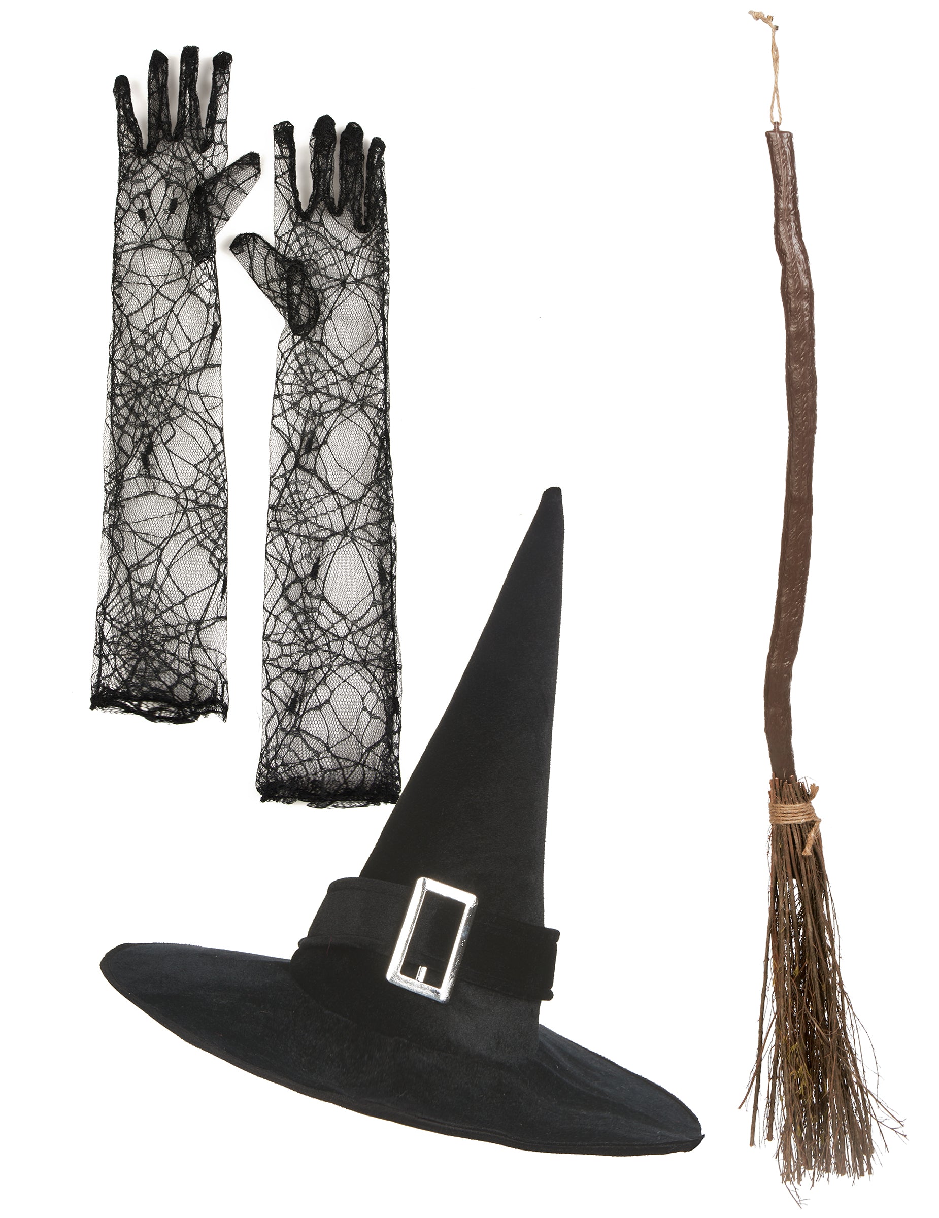 Kit sorcière pour femme noir avec chapeau gants en dentelle et balai