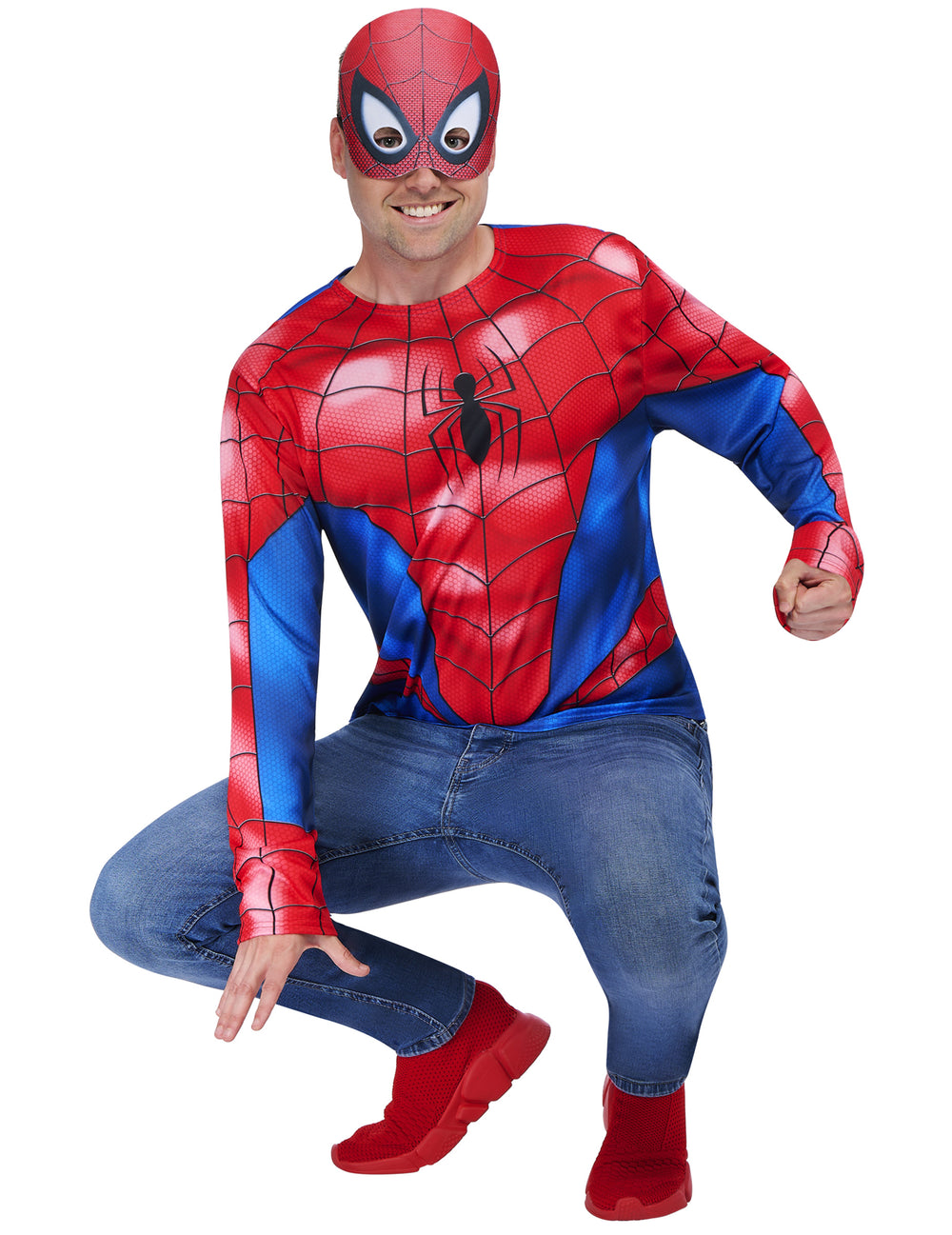 Pose accroupie du kit top et masque Spider-Man pour adulte