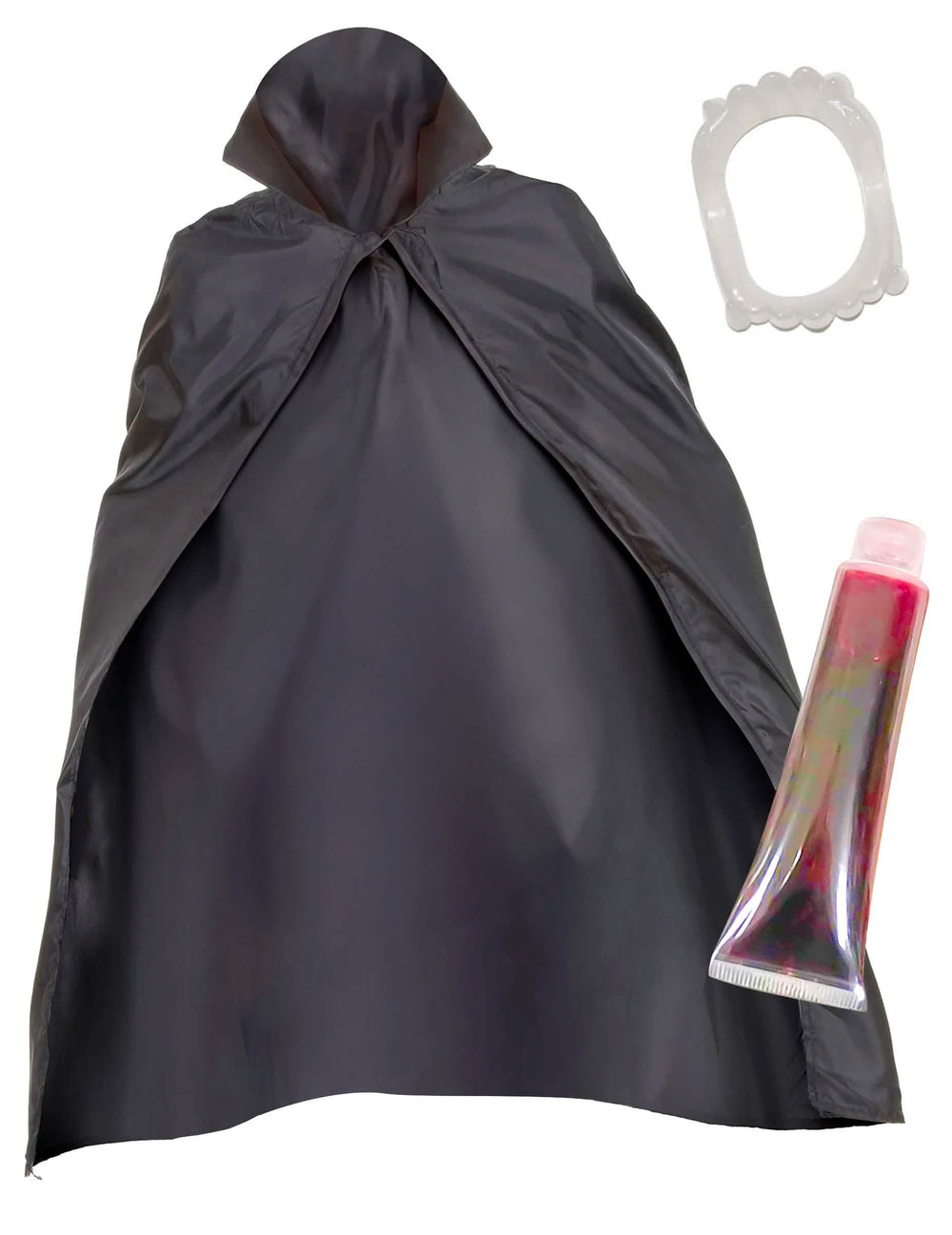 Kit de vampiro para adulto preto com capa, dentadura e sangue falso