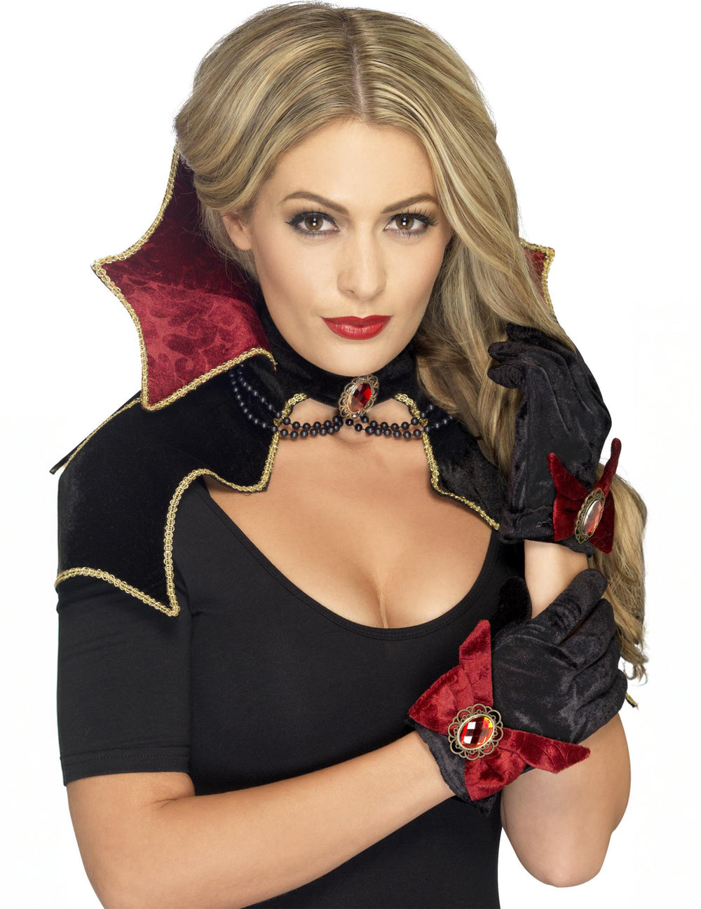 Kit vampire pour femme noir et rouge avec gants et col montant