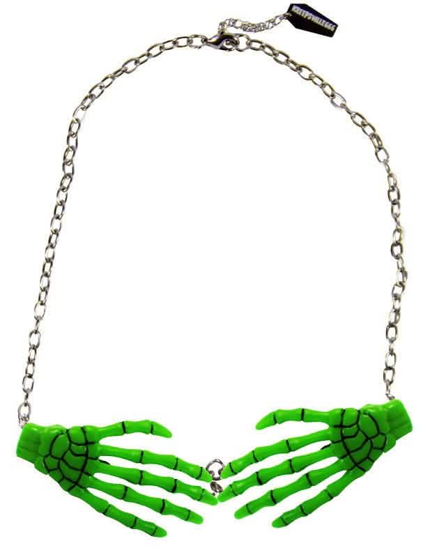 Colar com corrente e pendente de mãos de esqueleto para adulto verde fluo