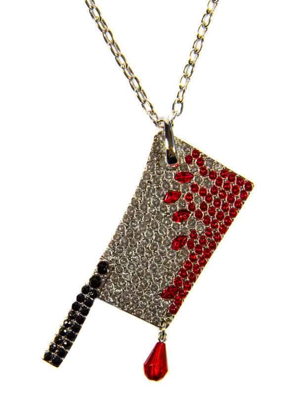 Colar de machado ensanguentado para adulto com strass prateados e vermelhos