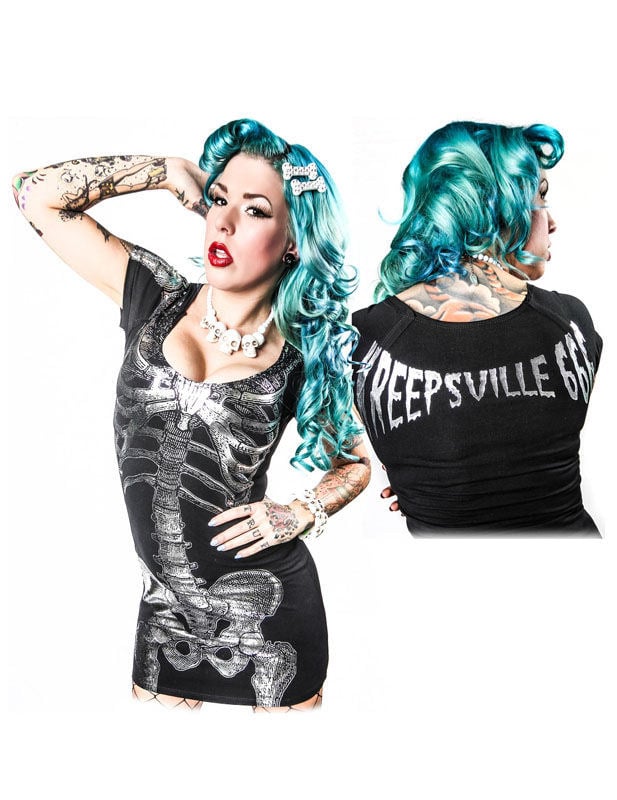 Déguisement mini robe squelette pour femme noir et argenté