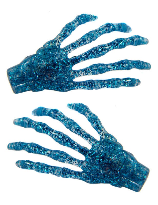Barettes à cheveux mains squelette pour femme bleues pailletées