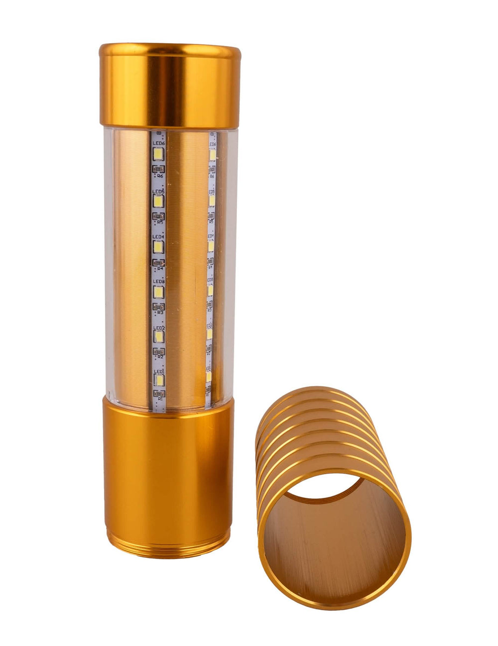 Détalhe dos componentes da lâmpada LED cintilante dourado para garrafa