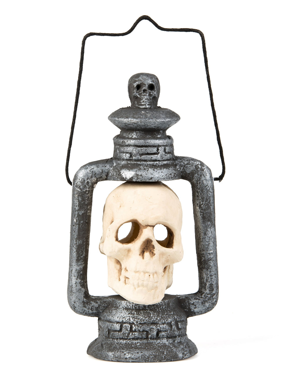 Lanterne crâne pour Halloween lumineuse gris métallique et beige