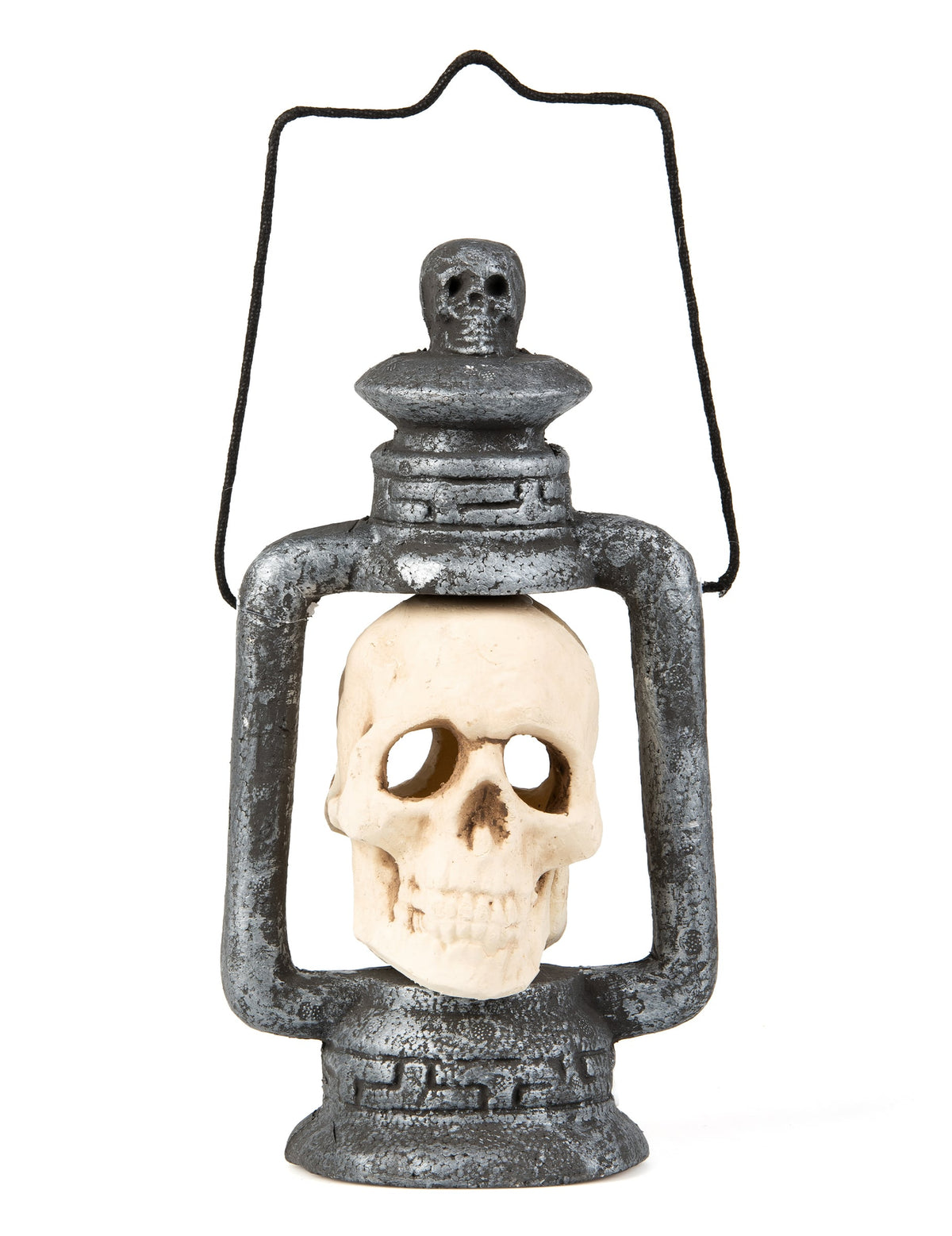 Lanterne crâne pour Halloween lumineuse gris métallique et beige
