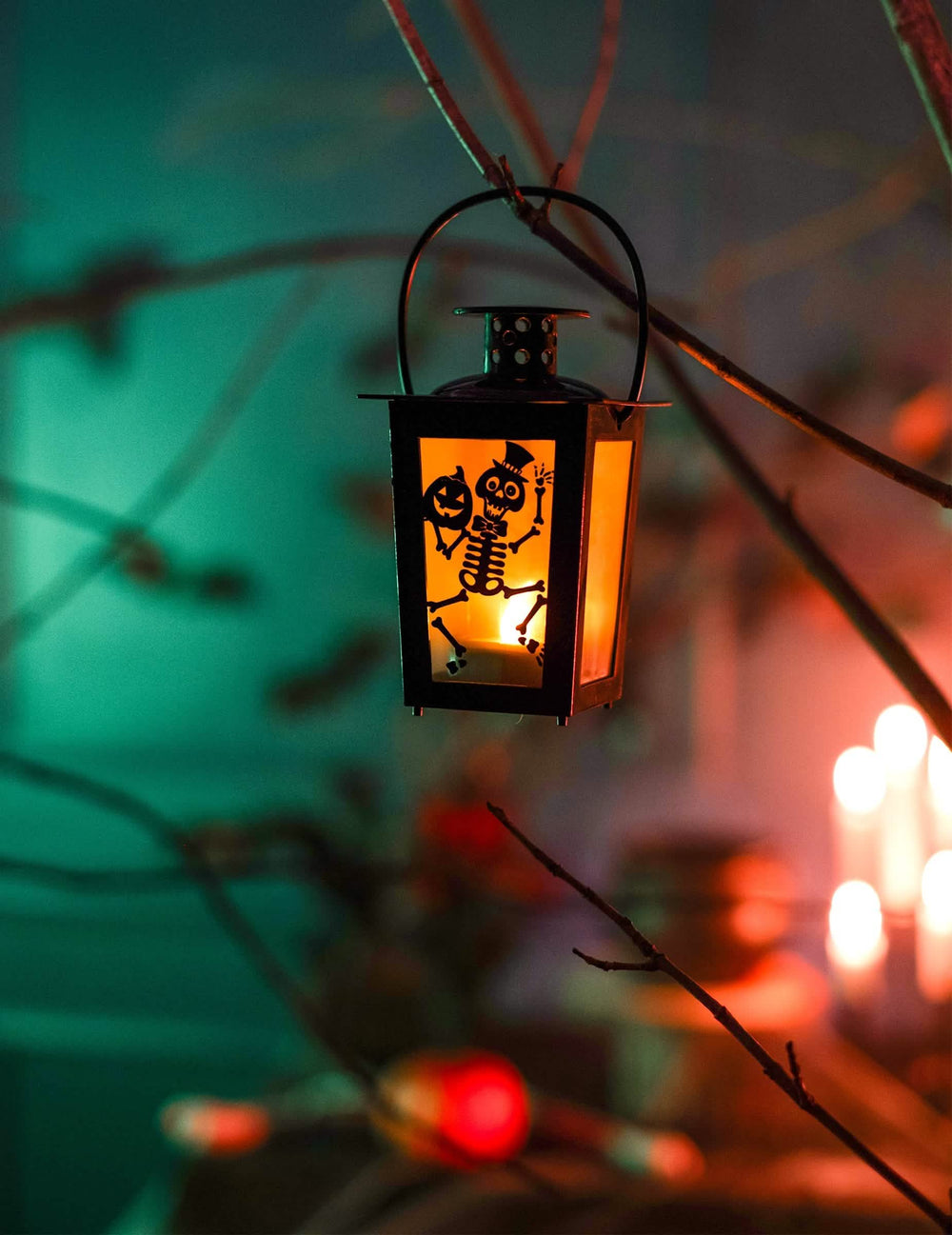 Cena suspensa num ramo da lanterna luminosa halloween com esqueleto e abóbora
