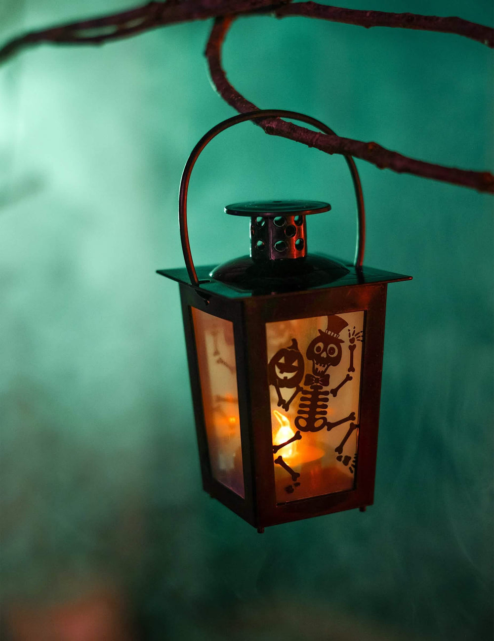 Grande plano da lanterna suspensa num ramo da lanterna luminosa de halloween com esqueleto e abóbora