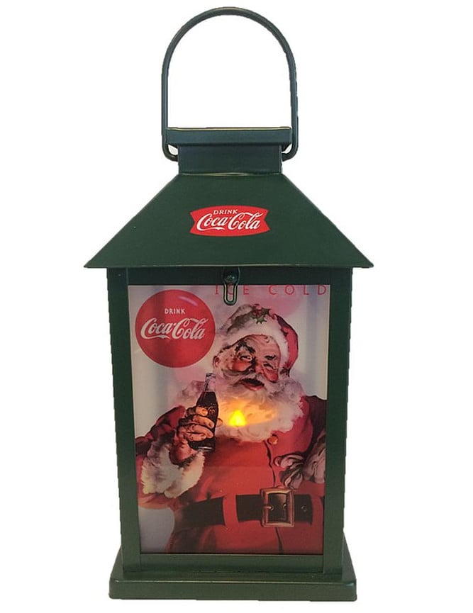 Lanterne lumineuse Coca-Cola pour décoration verte avec illustration du Père Noël