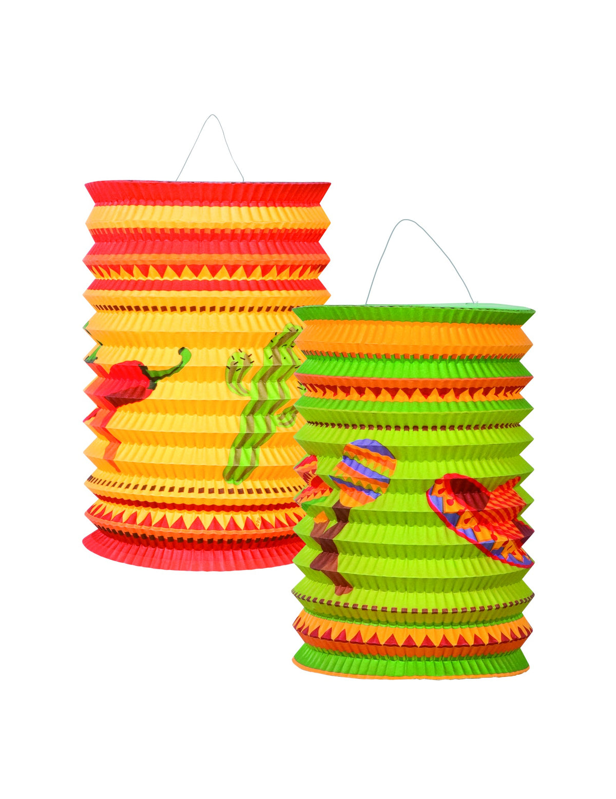 Lanternes mexicaines jaune et vert avec motifs piments et sombreros