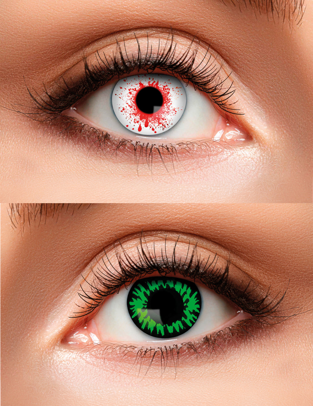 Lentilles duo sanglant et vert pour adulte blanches à taches rouges et noires à motifs verts