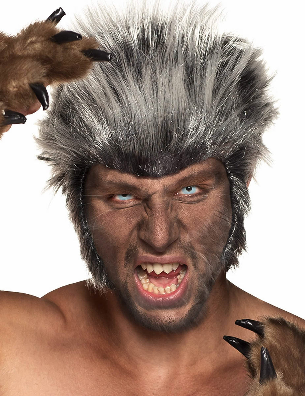 Cenário com uma máscara de lobo-garou de lentes fantasia olho azul gelado