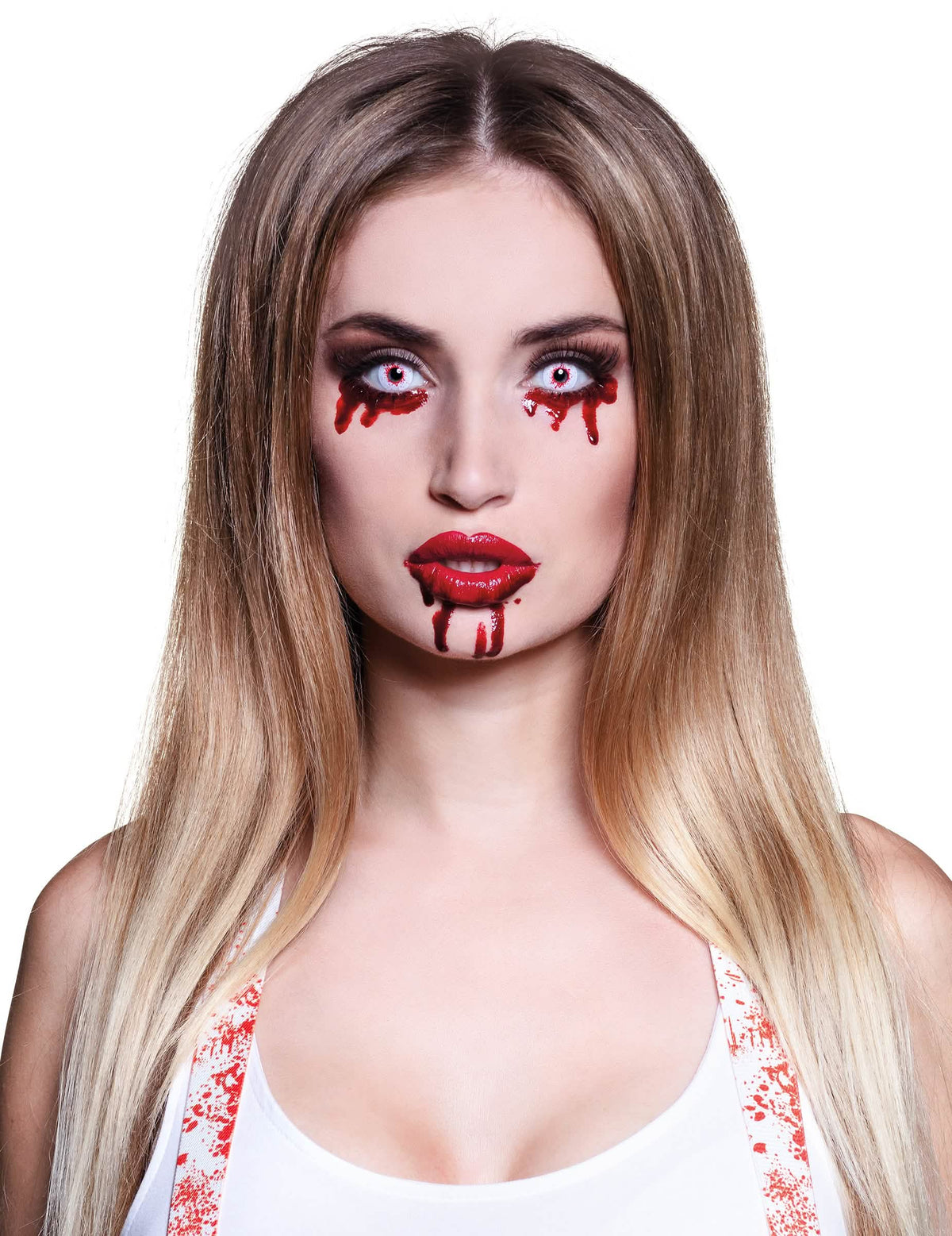 Retrato em corpo inteiro com lentes fantasia olho ensanguentado halloween