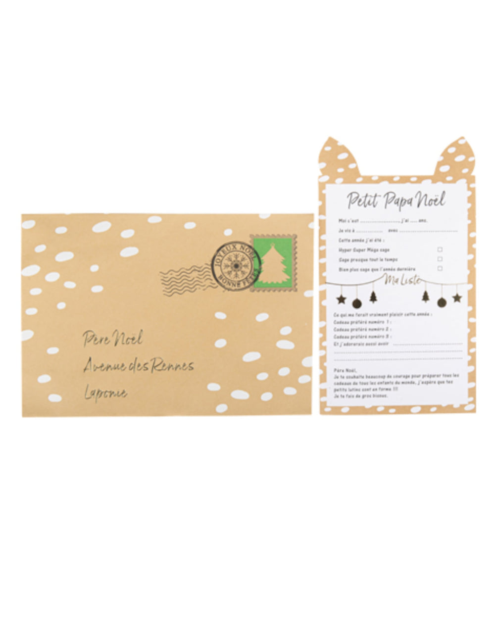 Lettre au père Noël avec enveloppe petit faon pour enfant marron kraft à pois blancs