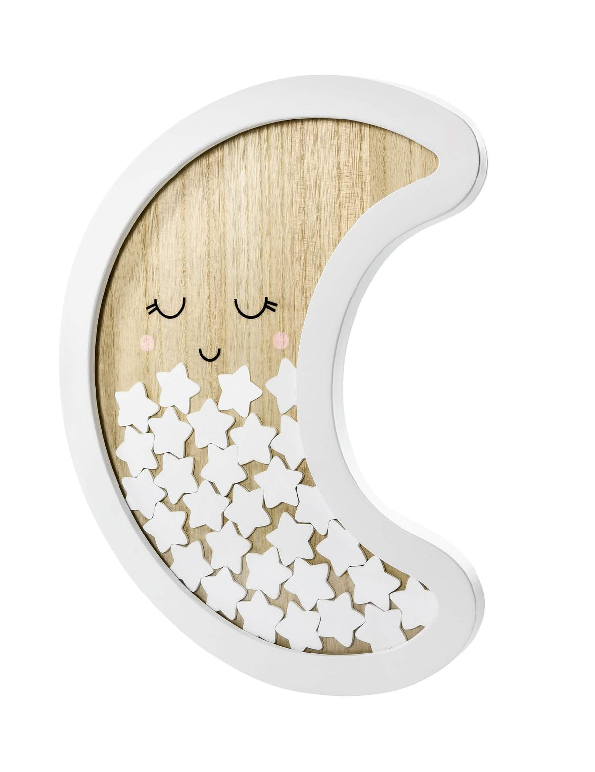 Livro de branco em madeira com forma de crescente de lua para festa com 30 estrelas