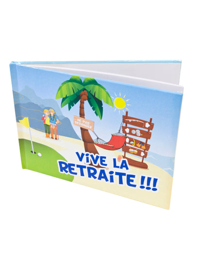 Livre d'or Vive la Retraite pour adulte bleu avec illustration plage et palmier