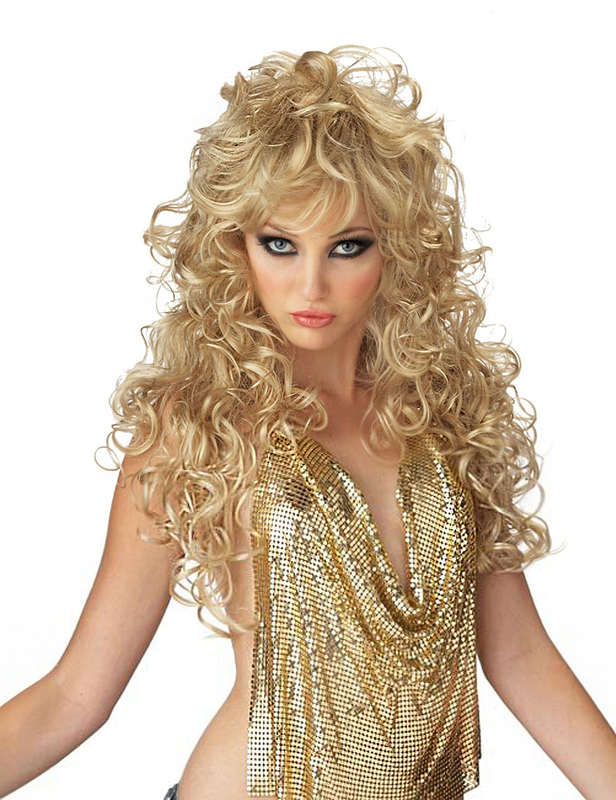 Perruque longue 80's pour femme blonde bouclée