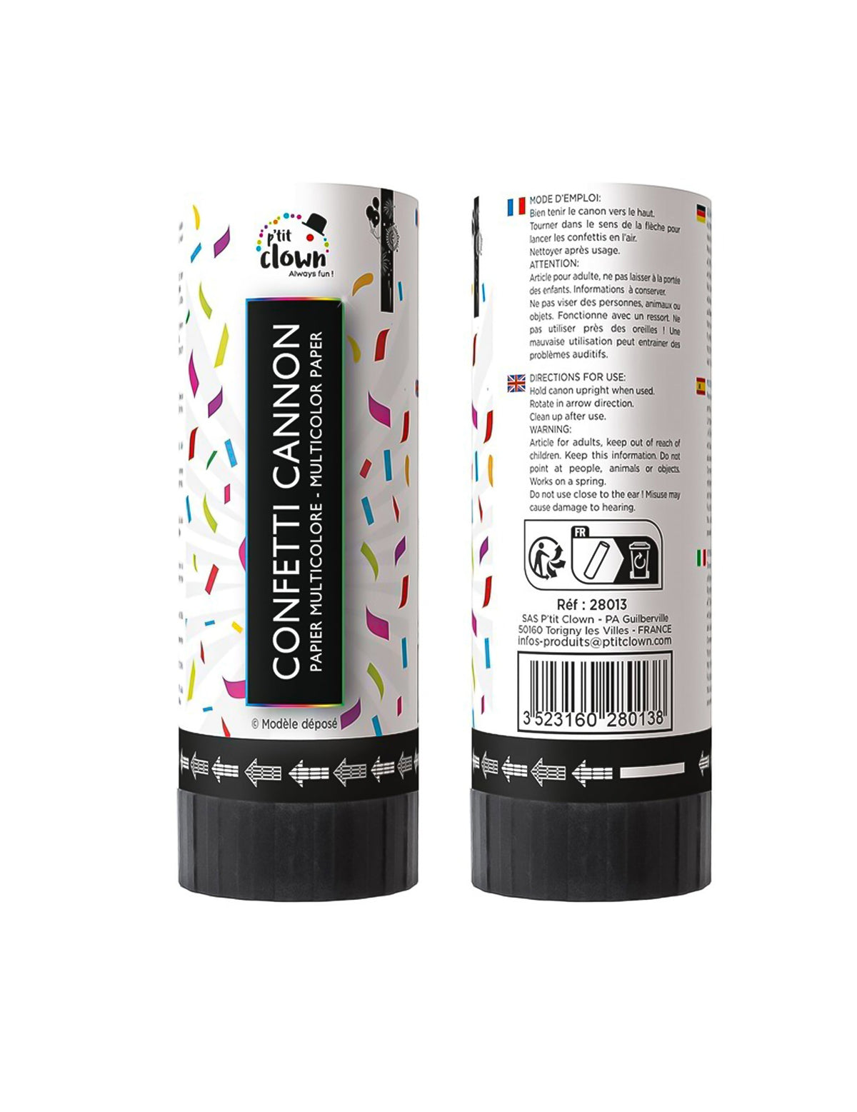 Vue de face et de dos du lot de 2 canons à confettis multicolores en papier