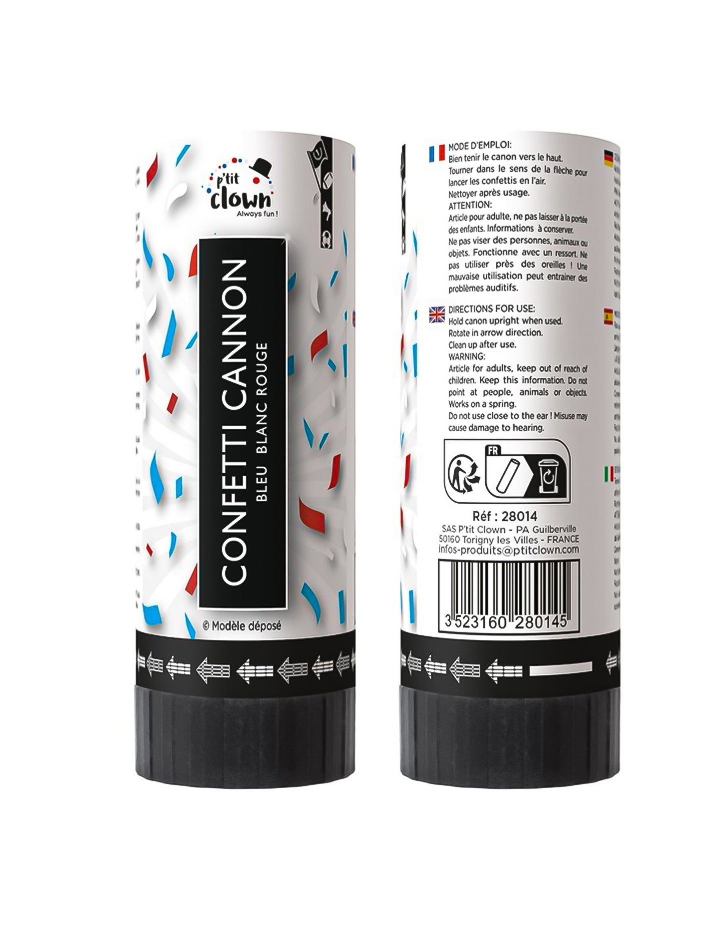 Lote de 2 canhões de confettis adepto azul, branco e vermelho 11 cm