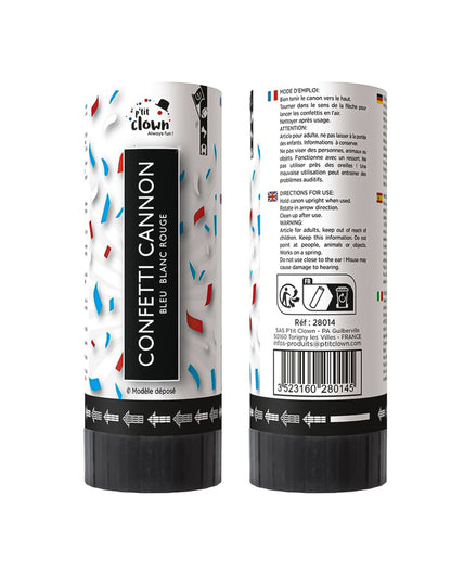 Lote de 2 canhões de confettis adepto azul, branco e vermelho 11 cm