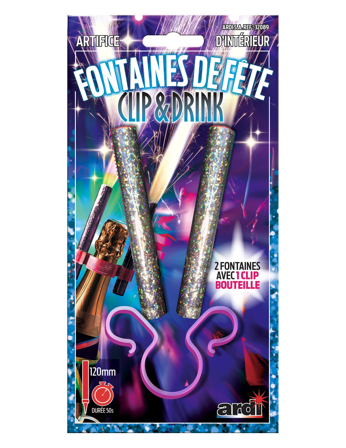 Fontaines scintillantes de fête pour bouteille argentées avec double clip rose