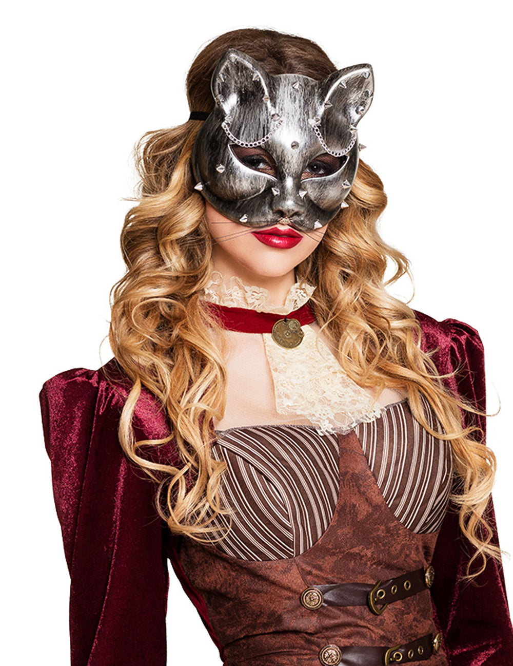 Gros plan du loup chat Steampunk porté