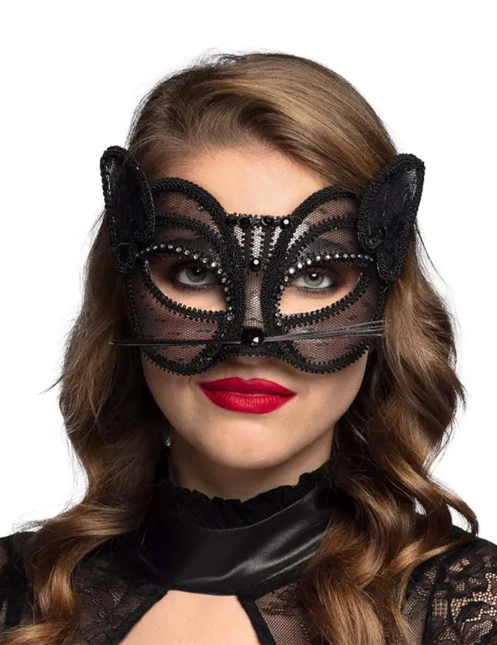 Loup chat pour femme en dentelle noire avec strass