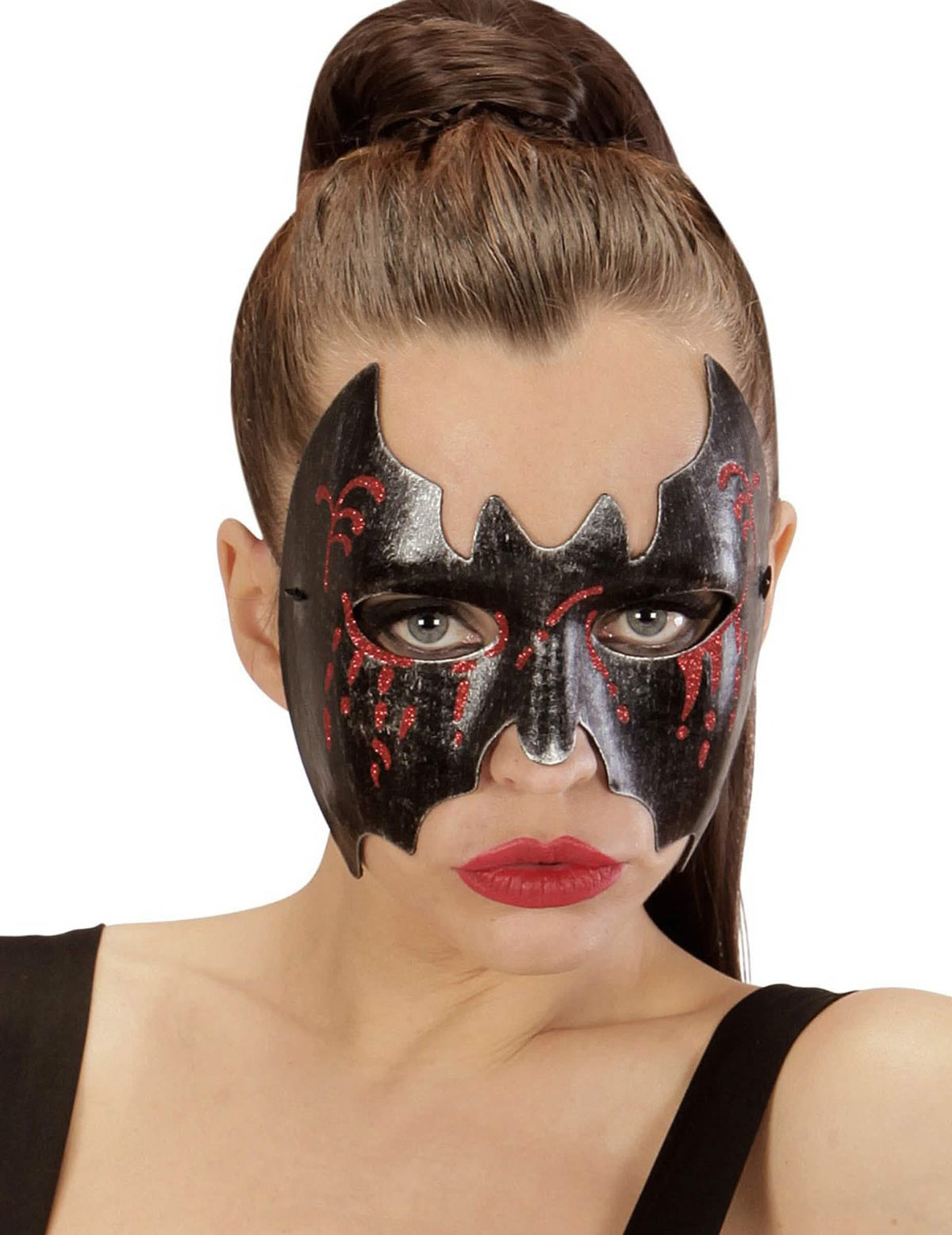 lobo de morcego ensanguentado halloween para mulher preto e vermelho com lantejoulas