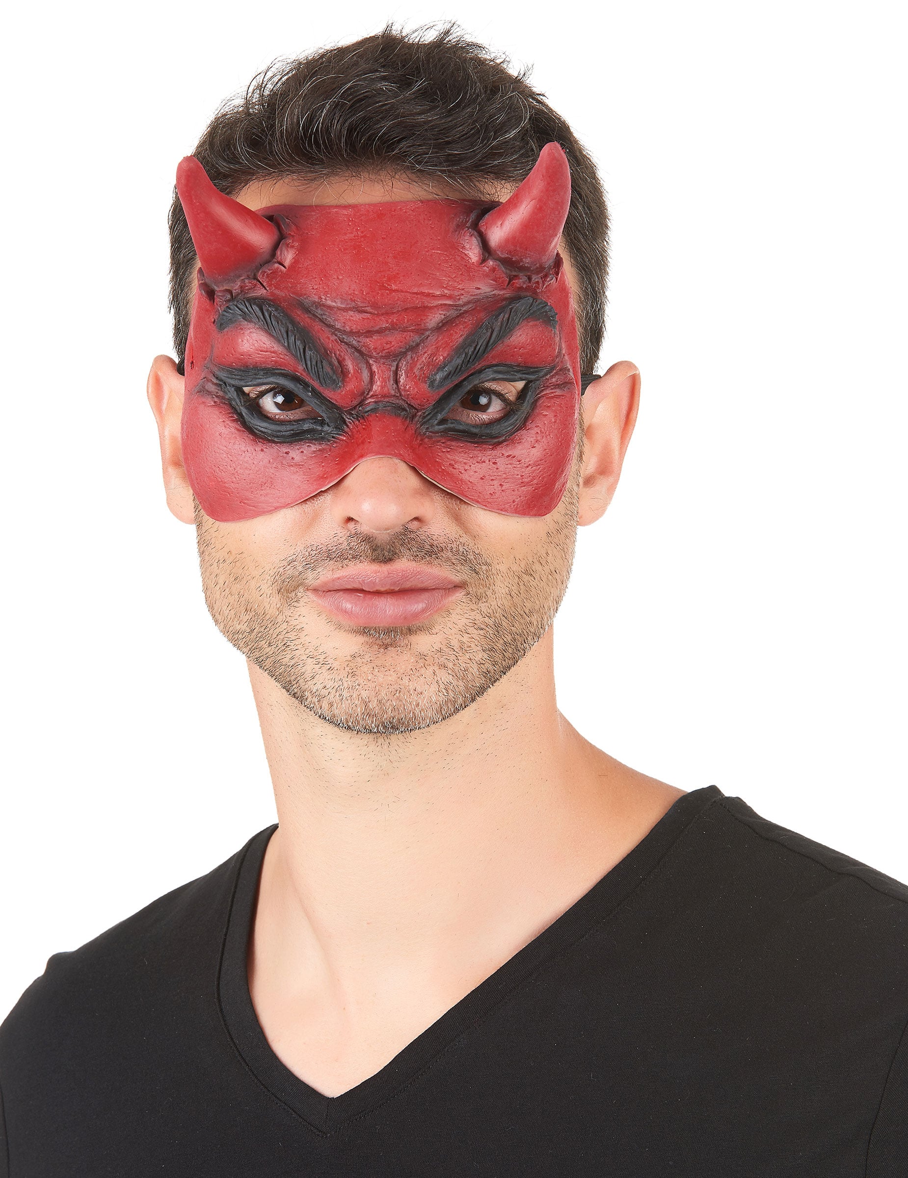 Loup en latex démon pour adulte rouge avec cornes