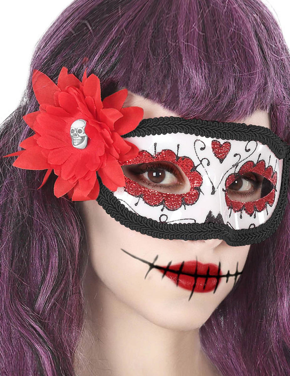 lobo Dia de los muertos para adulto com flor vermelha