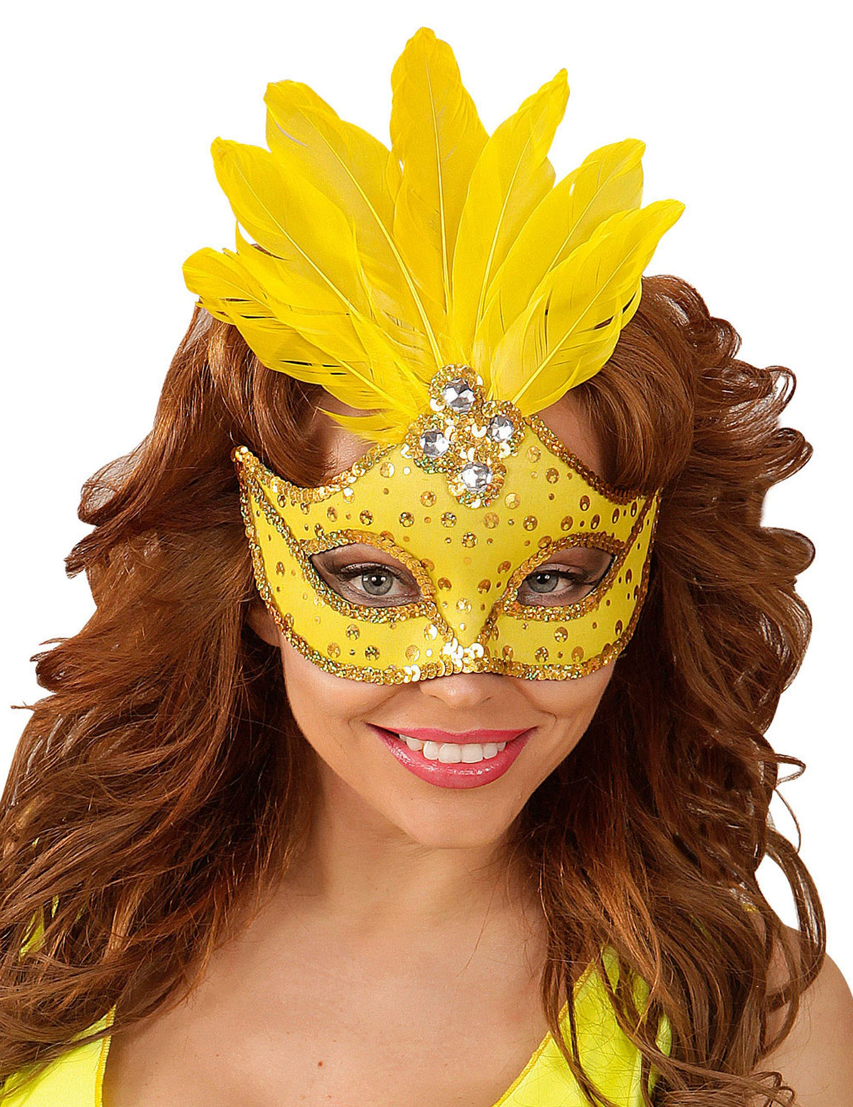 Loup avec plumes pour femme jaune à paillettes et strass