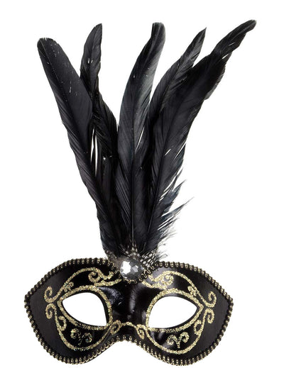 Loup à plumes noir et or pour adulte noir et doré avec paillettes