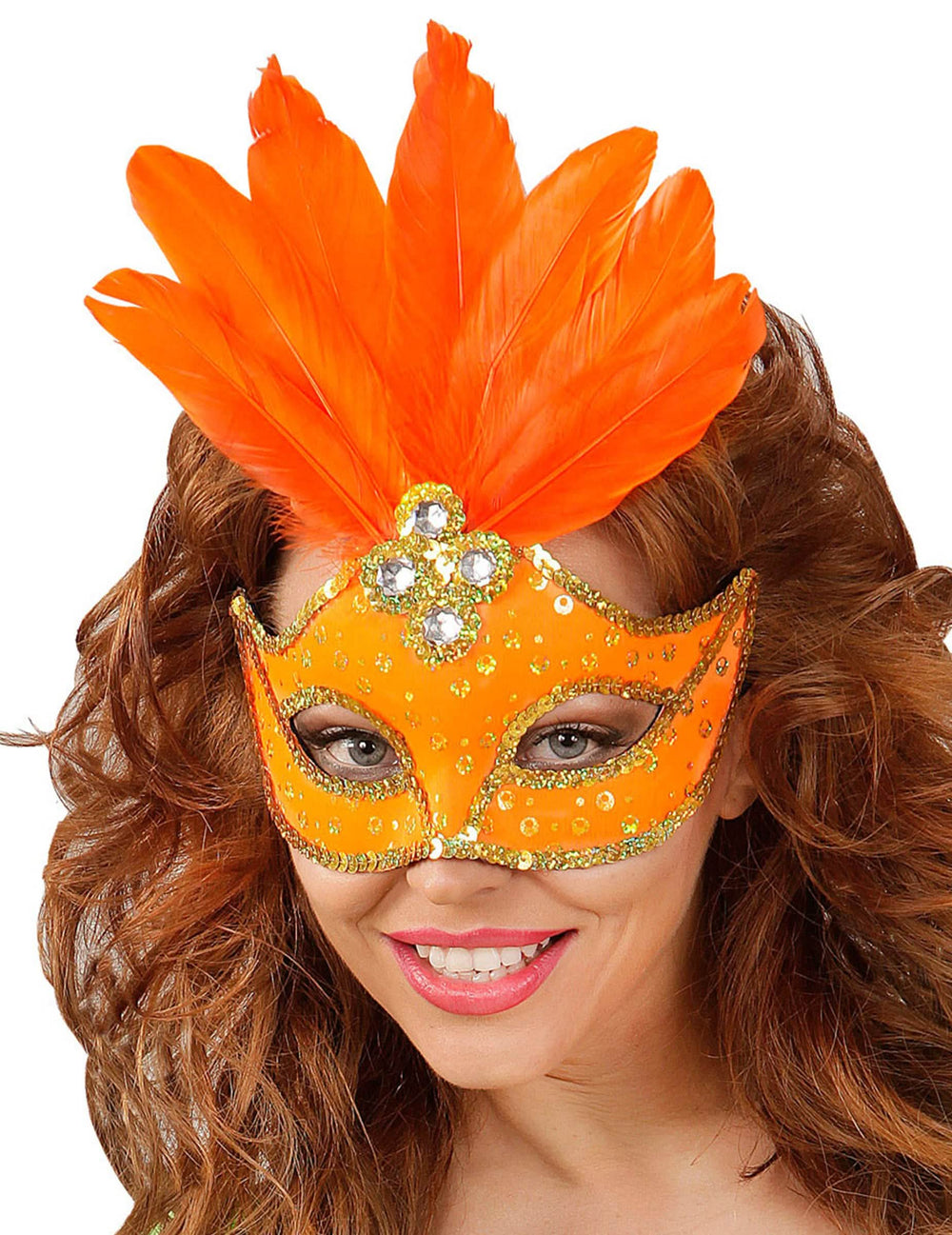 Máscara com penas para mulher cor de laranja com lantejoulas e strass