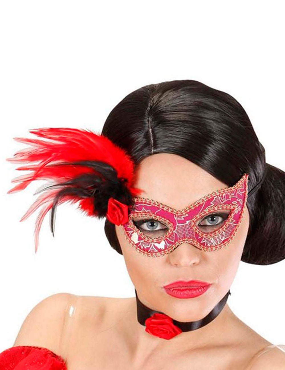lobo cor de rosa e dourado à plumas para adulto com renda e plumas vermelhas