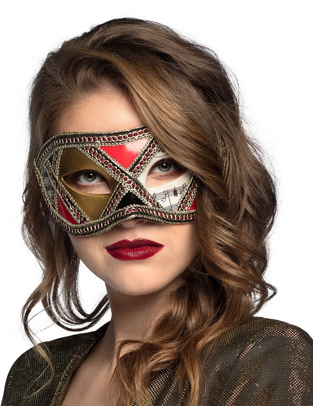 lobo veneziano para adulto vermelho dourado e branco com motivos de arlequim e notas musicais