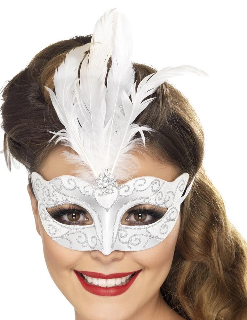 Loup vénitien pour adulte argenté avec plumes blanches
