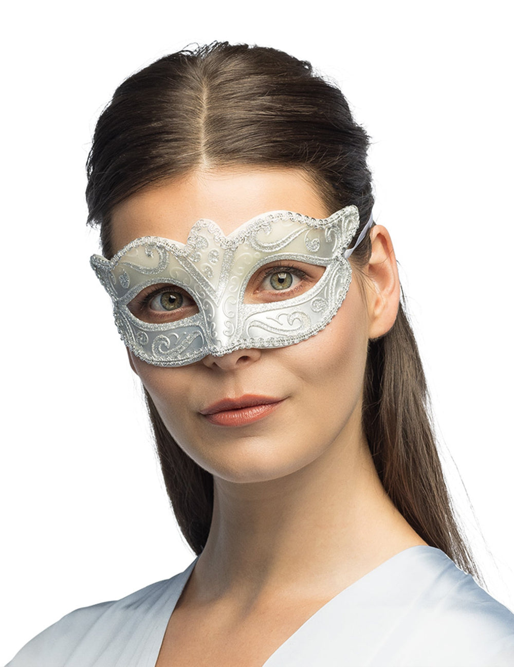 Loup vénitien pour femme argenté pailleté