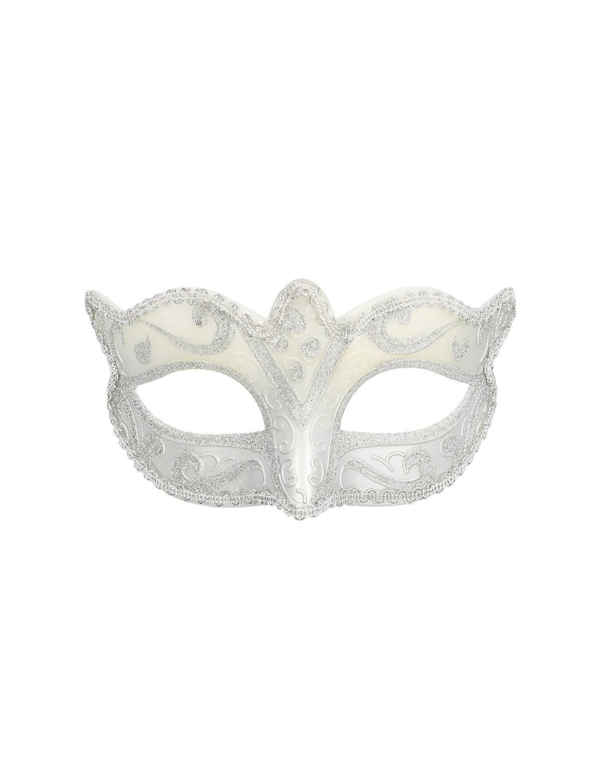 Vue de face du loup vénitien pour femme argenté pailleté
