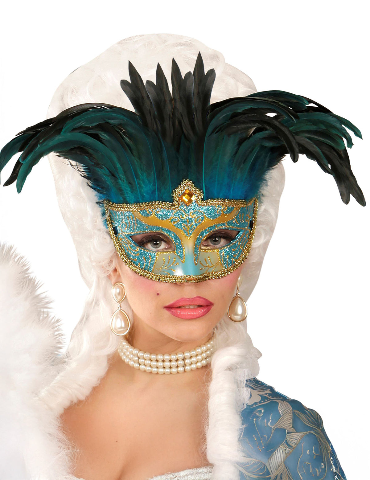Loup vénitien pour adulte bleu et or à plumes noires et turquoises