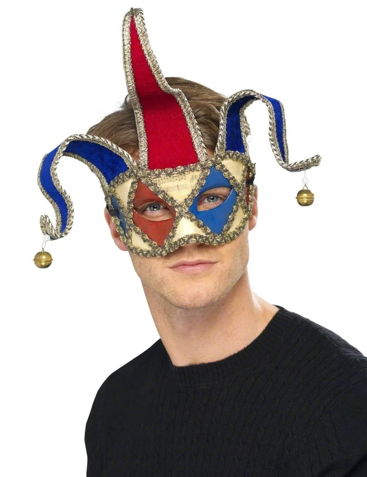 Máscara veneziana de palhaço arlequim para adulto azul e vermelho com guizos dourados