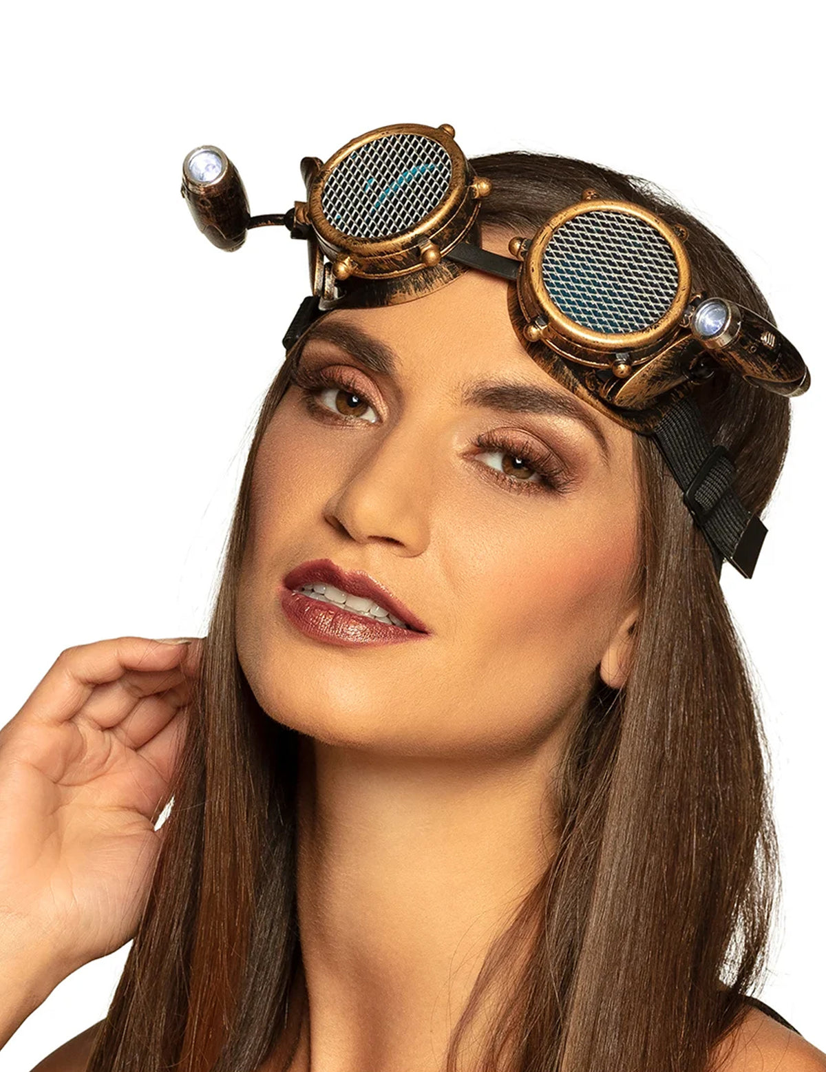 Lunettes avec lumière frontale steampunk pour adulte bronze avec verres grillagés