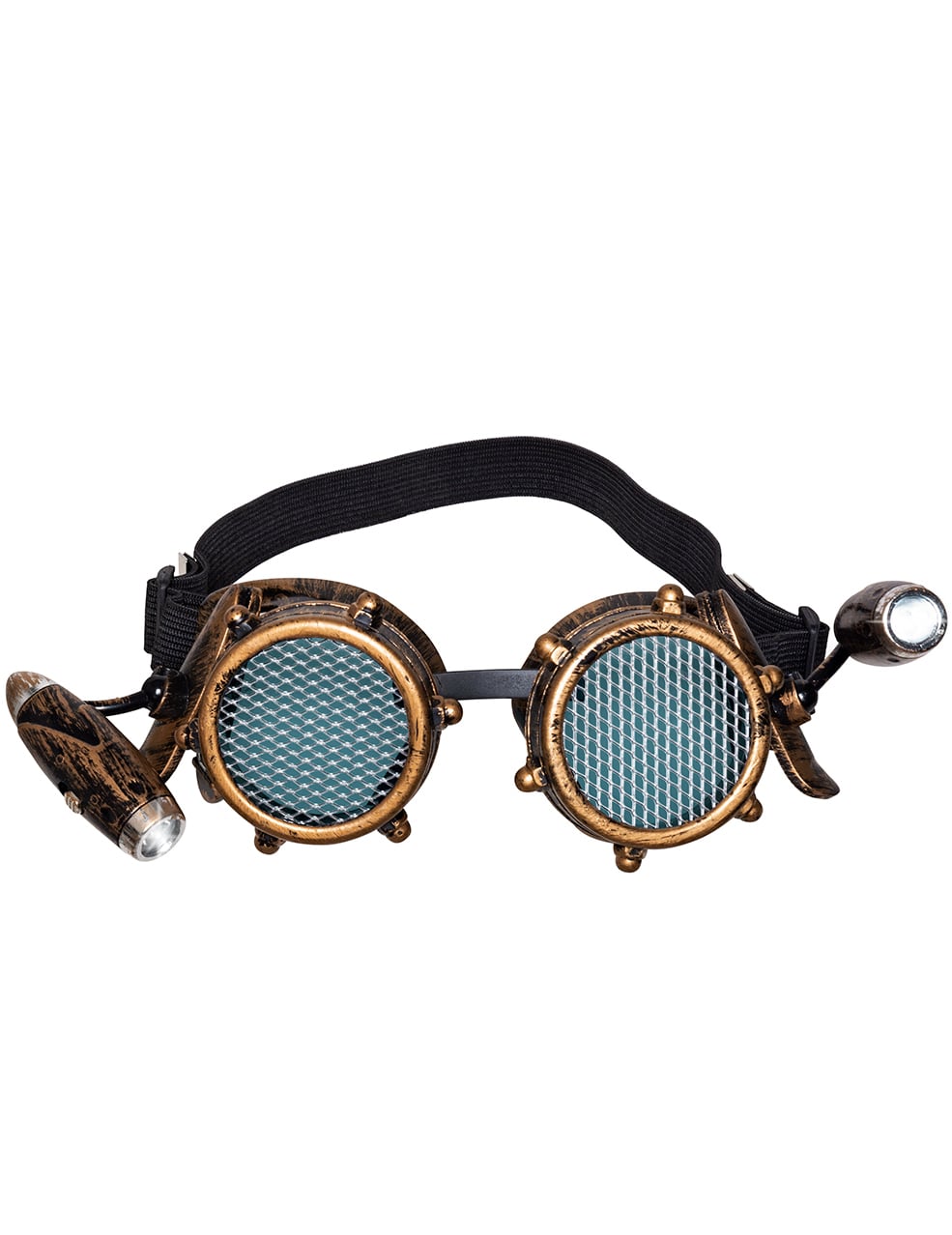Détail des lampes latérales des lunettes avec lumière frontale steampunk pour adulte