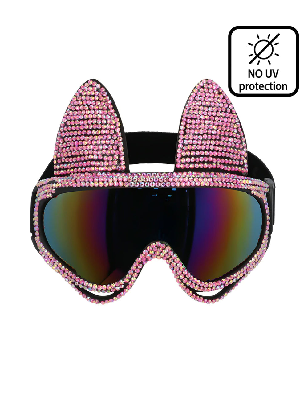 Vue de face avec avertissement sans protection UV des lunettes de ski chat pour adulte