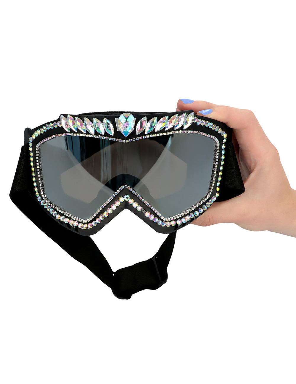 Détail des cristaux irisés des lunettes de ski avec strass pour adulte